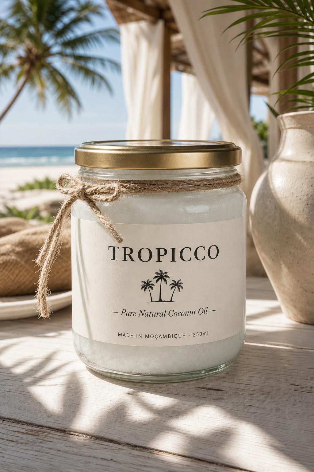 Jar of Tropicco coconut oil on a sunlit villa table overlooking the sea