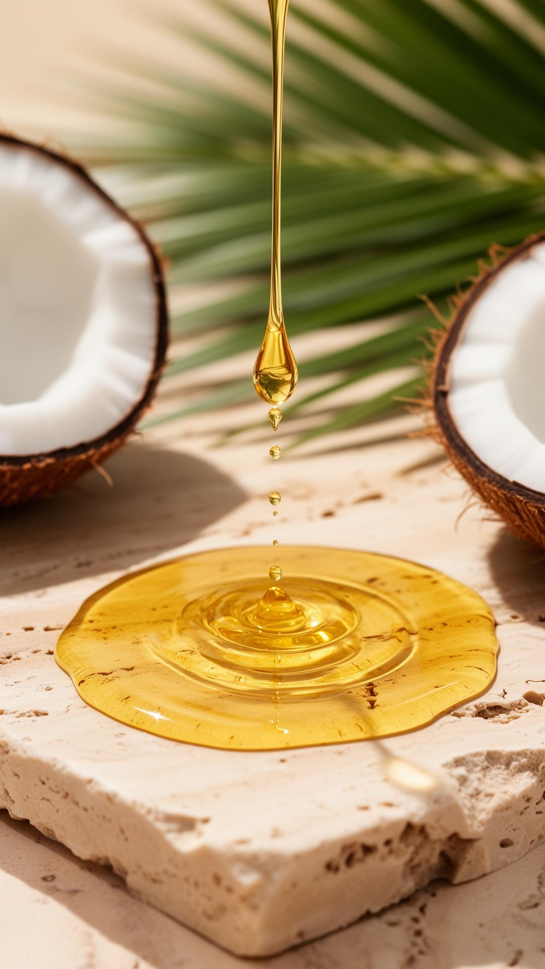 A golden drop of coconut oil falling onto travertine